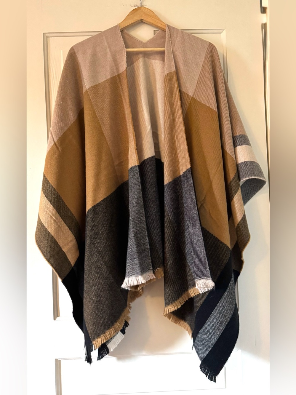 GAP Cozy Colorblock Knit Poncho in Camel, Gray & Black